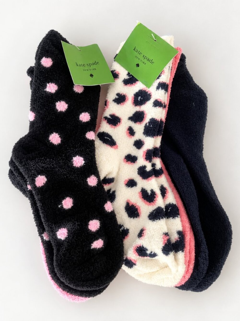 NWT Kate Spade Fuzzy Plush Socks 6-Pair Set Polka Dot & Leopard OS